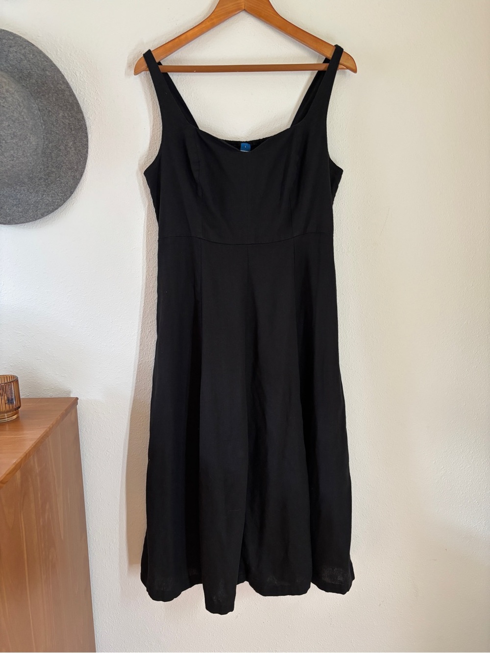Old Navy Black Midi A‑Line Dress Large Linen Blend Wide Strap Coastal Minimalist